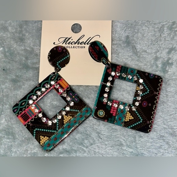 Bold Retro Dangle Earrings Michelle Collection Colorful Rhinestone NWT - Picture 2 of 5